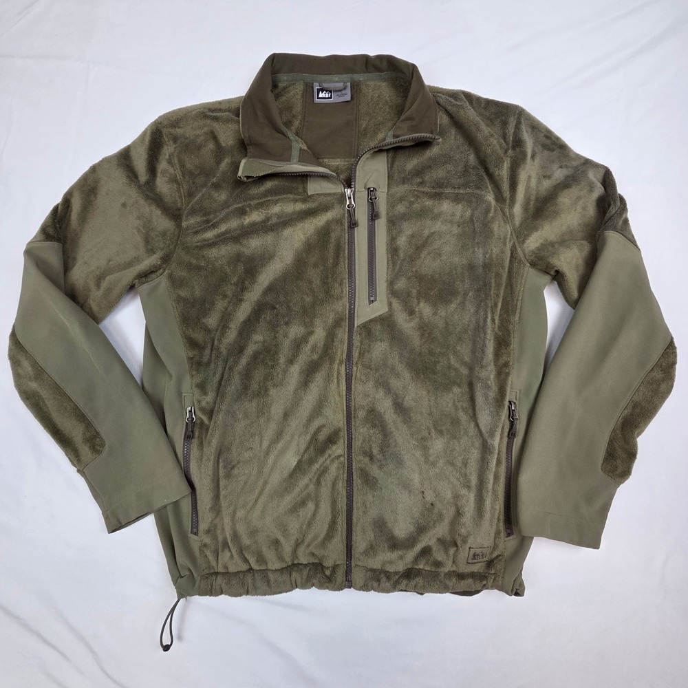 REI Mens High Pile Fleece Jacket Size L Olive Green Hybrid Softshell Full Zip